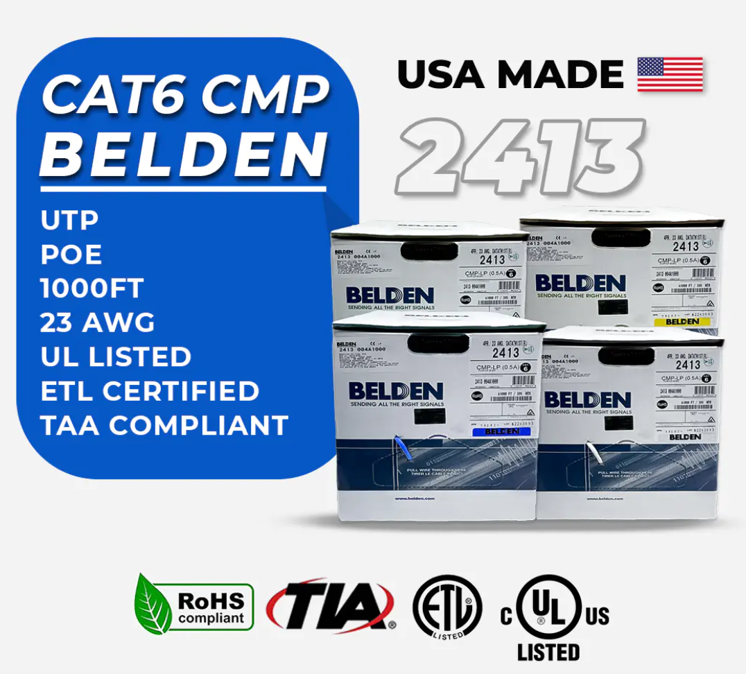 Belden 2413 Cat6 Plenum Solid Copper 23 AWG USA Made 1000ft Ethernet Cable (per Box)