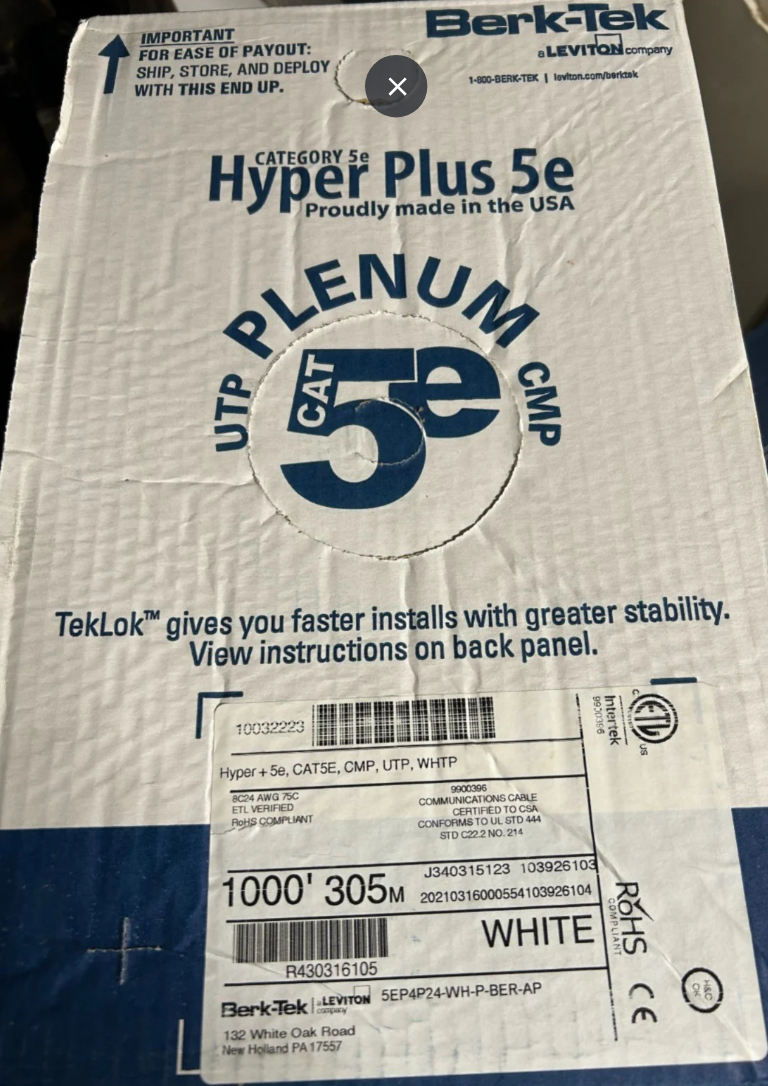 BERK-TEK | 10032223 HyperPlus 5e, Category 5e Plenum UTP Data Cable 24 AWG 4 pair solid bare copper conductors FEP insulation Flame-retardant jacket White Box of 1000 feet