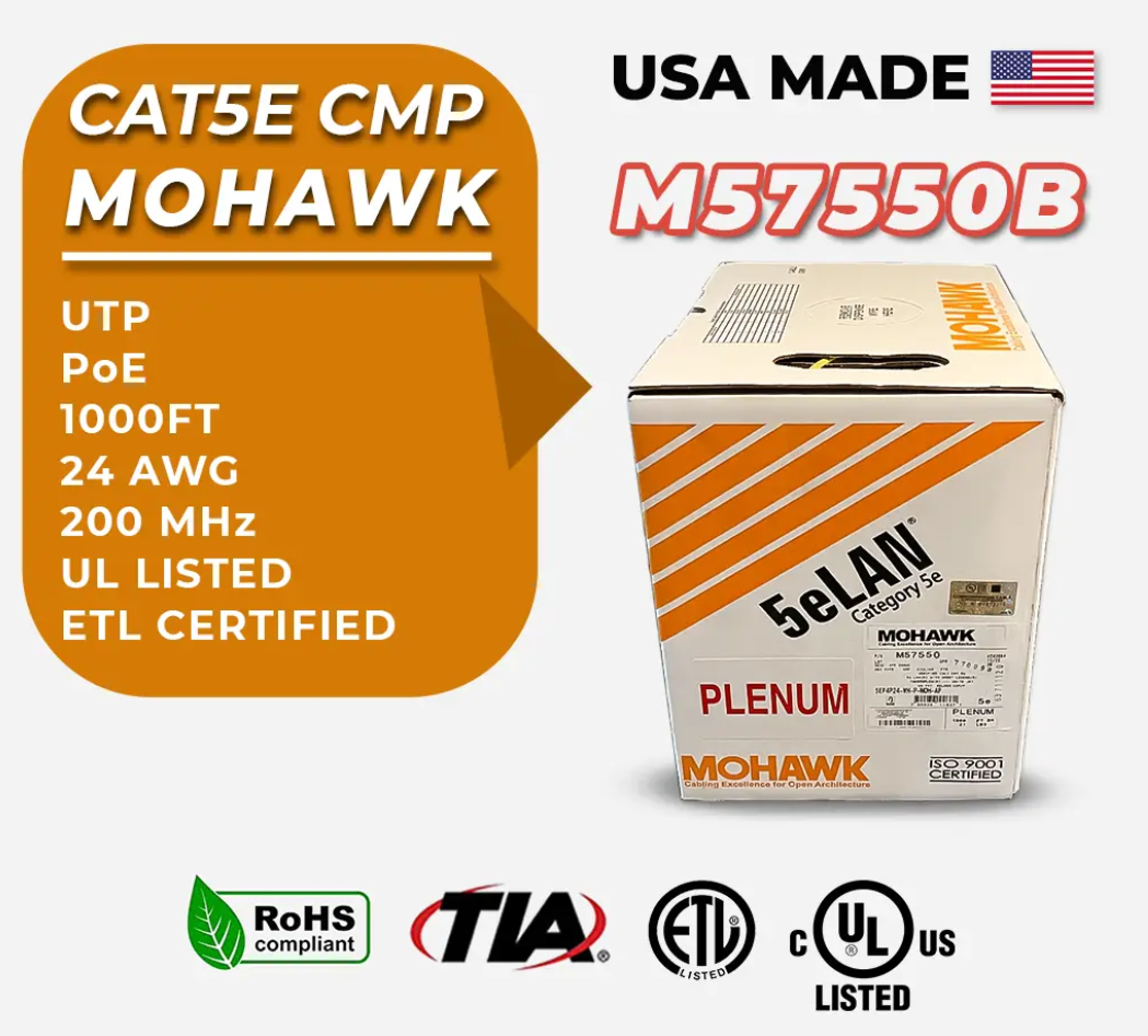 Mohawk M57550B CAT5E Plenum Solid Copper 24AWG Yellow 1000ft Ethernet Cable (per Box)