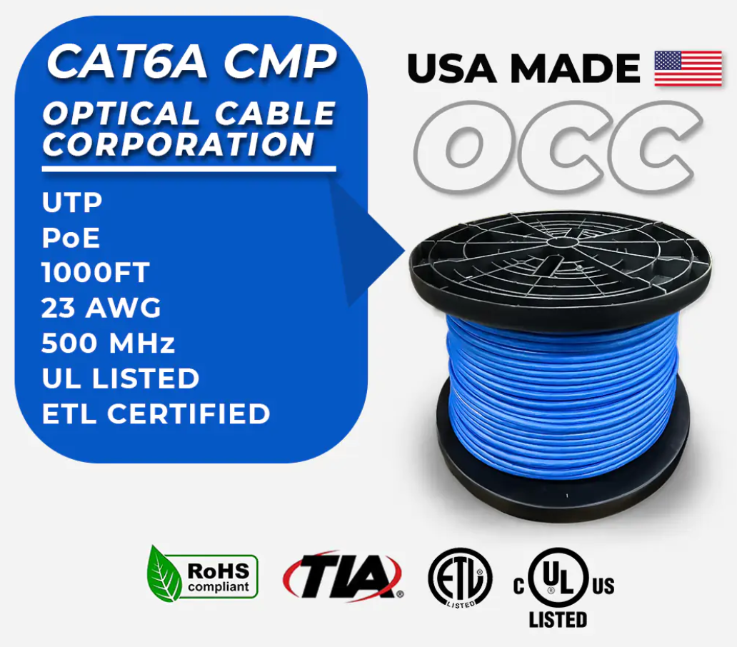 OCC Cat6A Plenum Ethernet Cable (CMP) 23AWG UTP Blue, UL, ETL Certified 1000ft per Reel